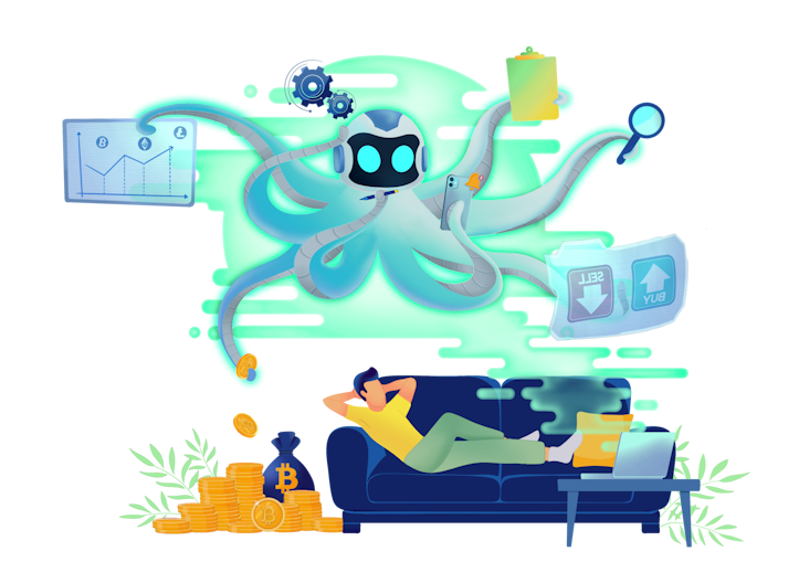 An investor relaxing in his couch while OctoBot is making money by automating cryptocurrency strategies