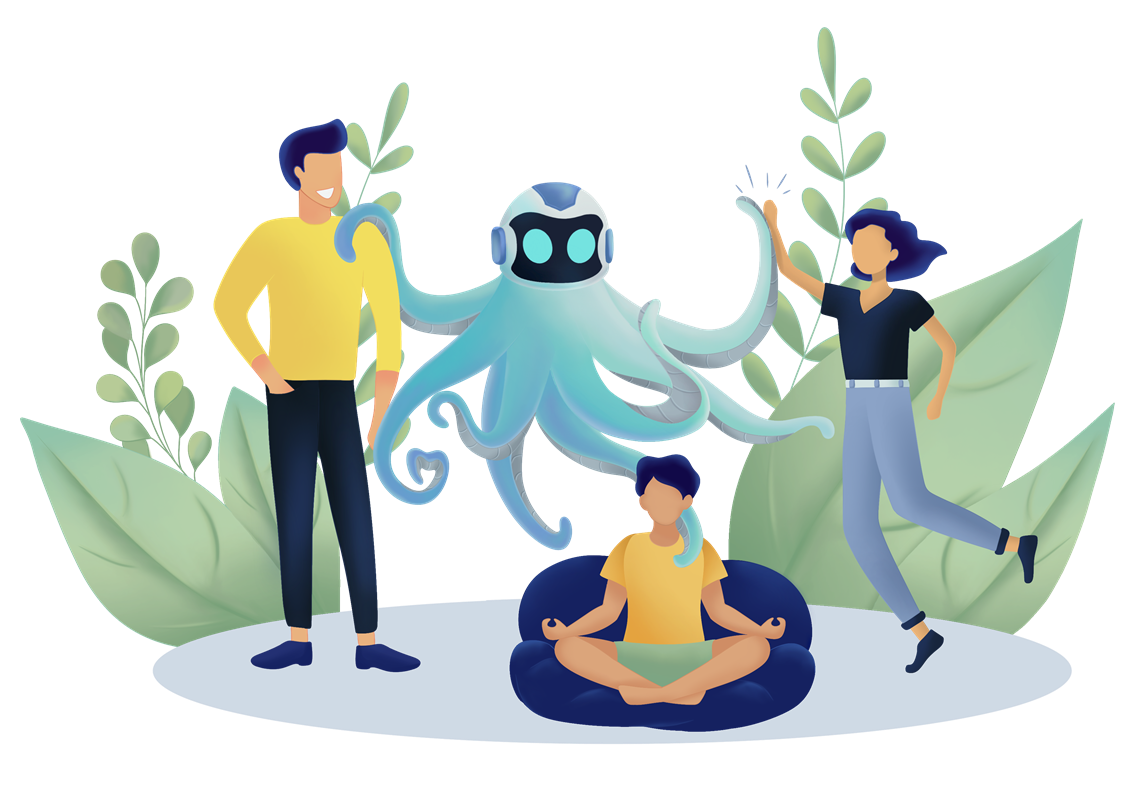 OctoBot with 3 happy relaxed investors giving high five feeling safe and comfortable